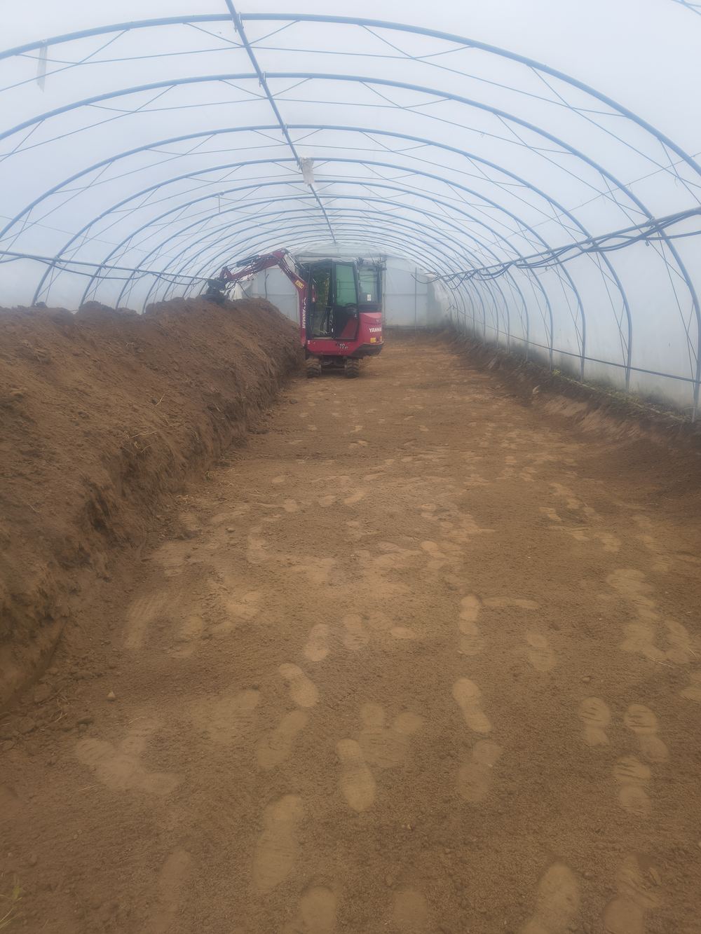 Wyrównane dno wykopu na całej szerokości tunelu foliowego, gotowe pod rozłożenie siatki przeciw kretom