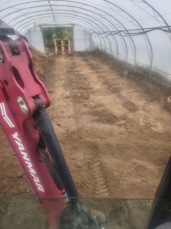 Gotowy wykop pod siatkę przeciw kretom w tunelu foliowym, widok z minikoparki Yanmar